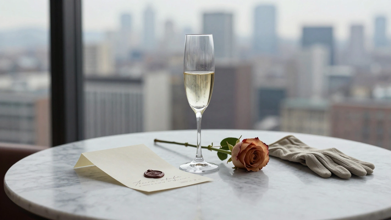 A champagne flute and folded note rest on marble beside a wilted rose and gloves, in soft daylight.