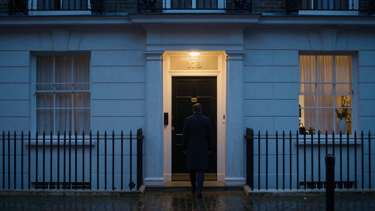A discreet entrance to a private residence in Belgravia at dusk, with warm light glowing from a window above a quiet street.