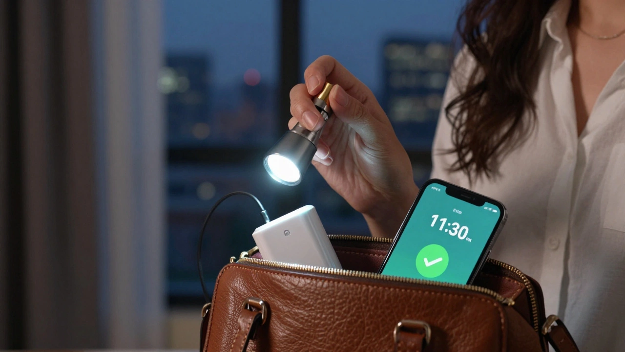 A hand holding pepper spray and flashlight inside a purse, with a charging cable and phone showing a safety check-in alarm.