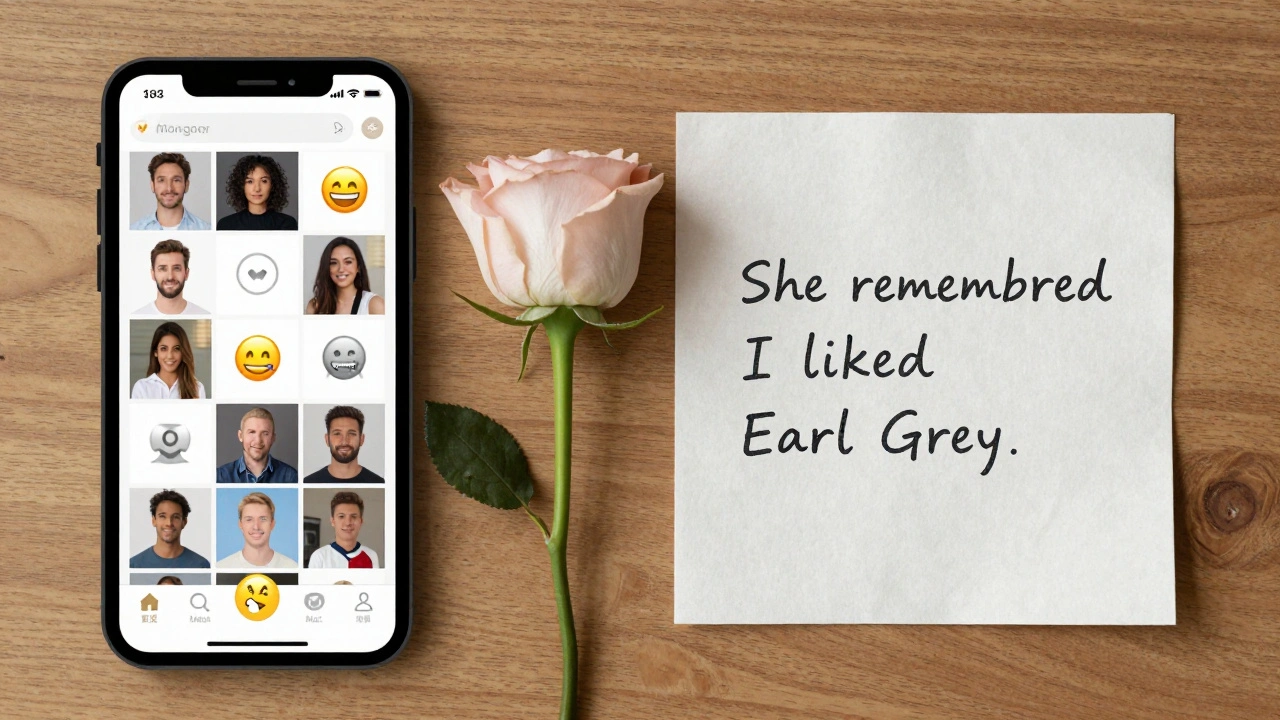 A handwritten note saying 'She remembered I liked Earl Grey' beside a rose, contrasting with a cluttered dating app screen.