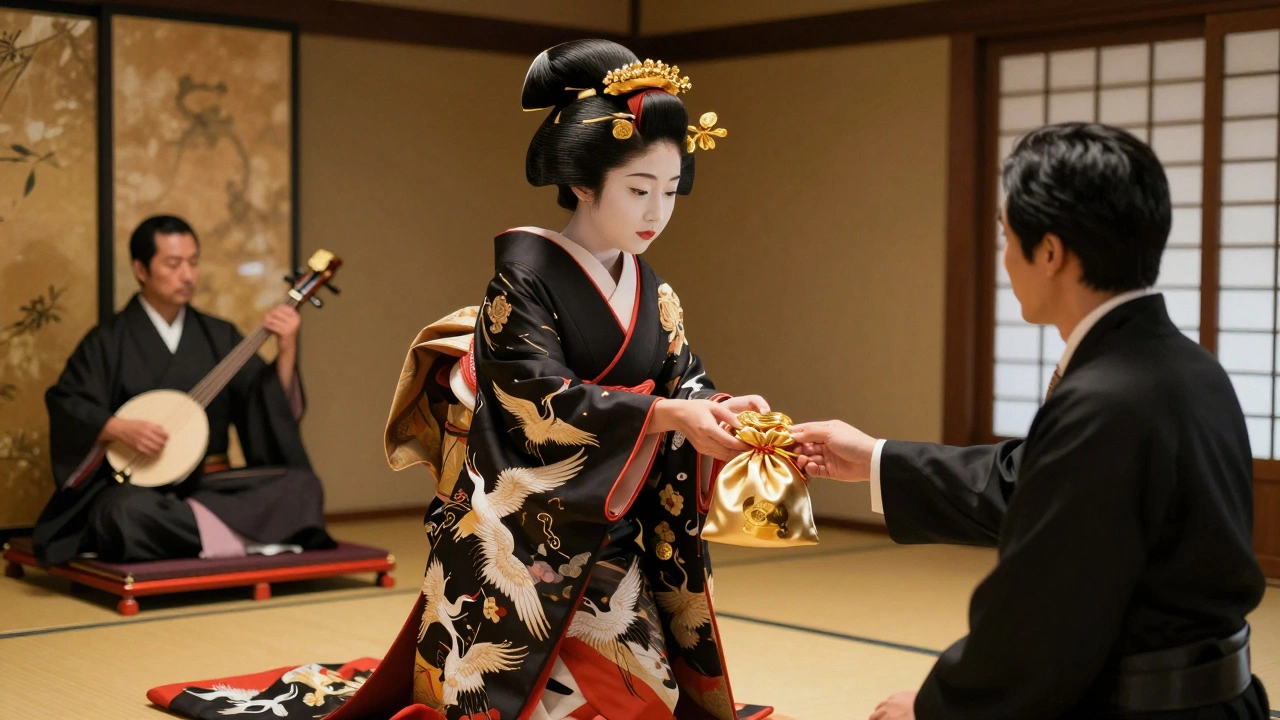A Japanese oiran receiving payment from a merchant in an Edo-period pleasure house.