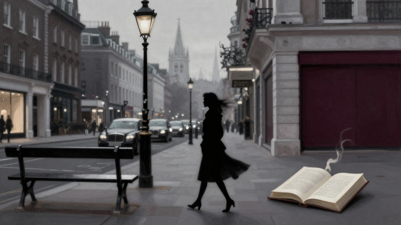 A lone woman walks through Mayfair at dusk, passing an art gallery, with a book left on a bench.
