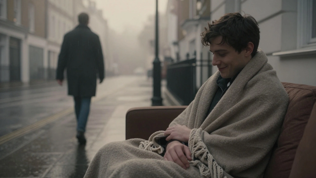 A lonely figure walks through a rainy London street, then finds comfort in a gentle, implied embrace on a sofa at dawn.