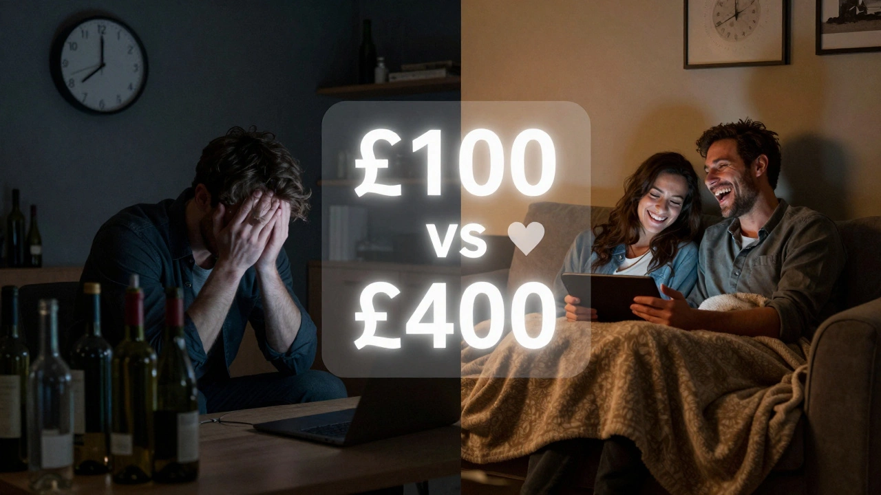 A man alone in a dark office versus him laughing with a companion in a warm flat, symbolizing emotional value over cost.