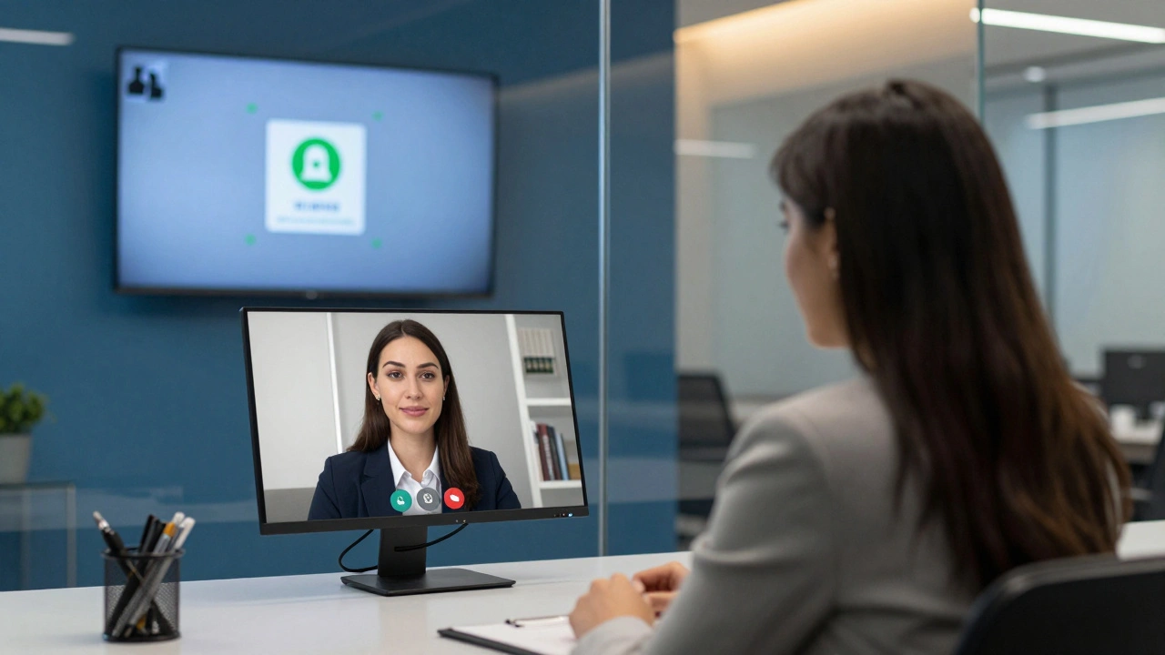 A professional escort on a video call with a client in a secure agency office, with safety verification displayed on a monitor.