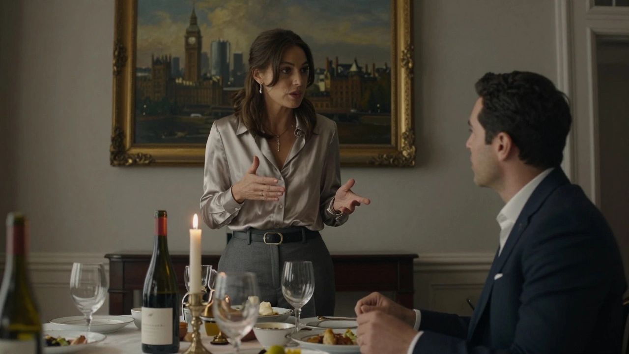 A refined dinner conversation between a companion and client in a luxurious townhouse setting.