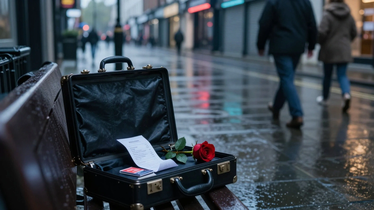 An open briefcase on a London bench at dawn contains a receipt, card, and rose—symbolizing a discreet, respectful encounter.