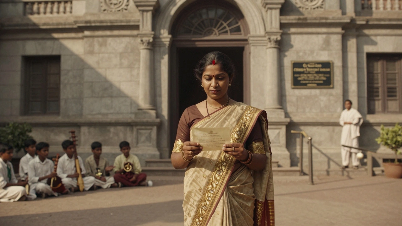 Chandramukhi Basu standing before a historic music school in Kolkata, with students and a plaque honoring her legacy.