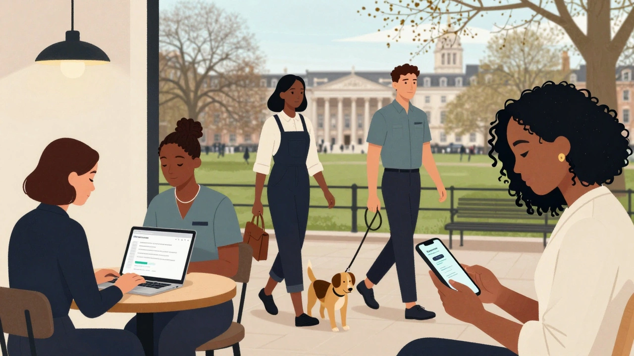 Diverse independent escort professionals going about their lives in London — working, walking, connecting.