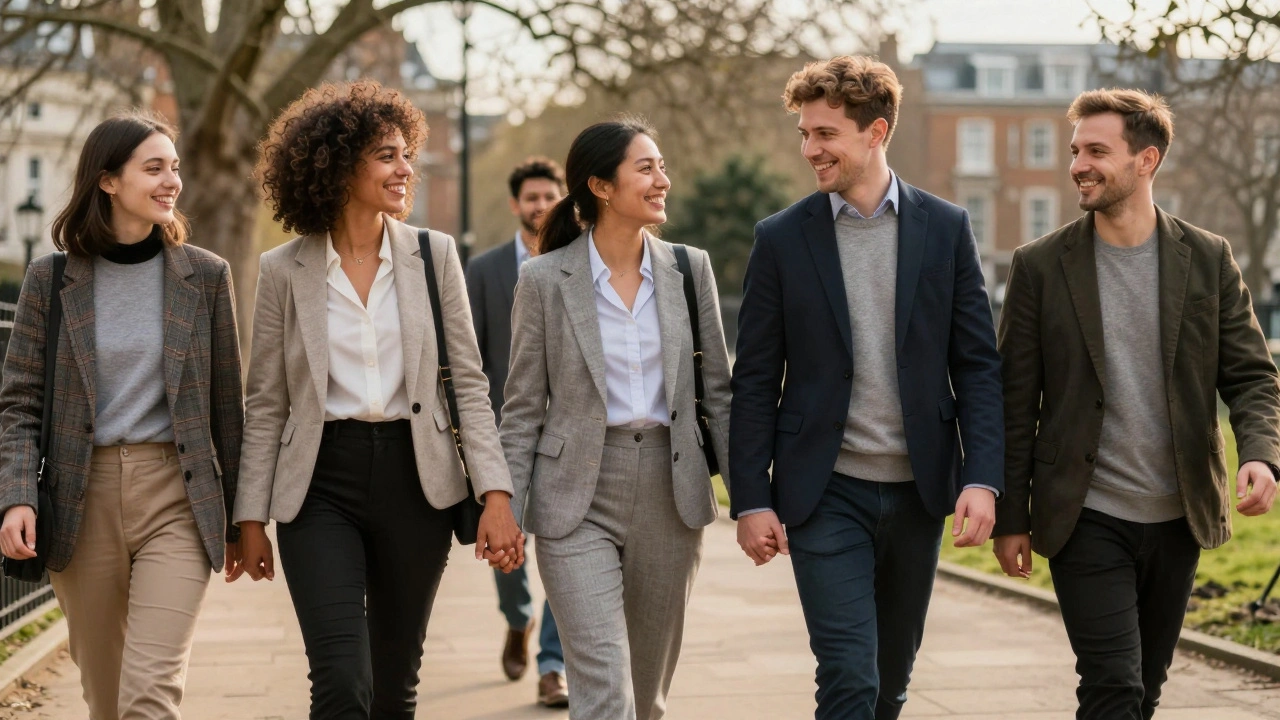 Diverse individuals enjoying a peaceful walk in a park, embodying genuine human connection.