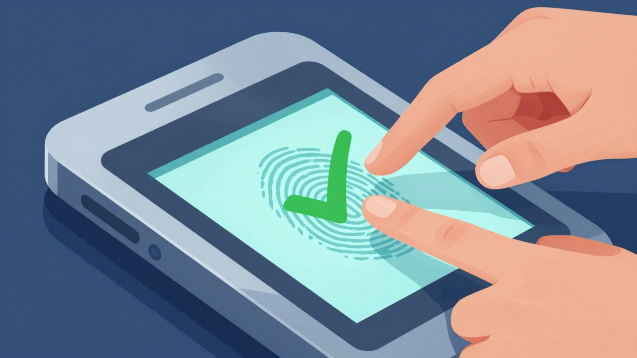Fingerprint scanner with green checkmark for identity verification