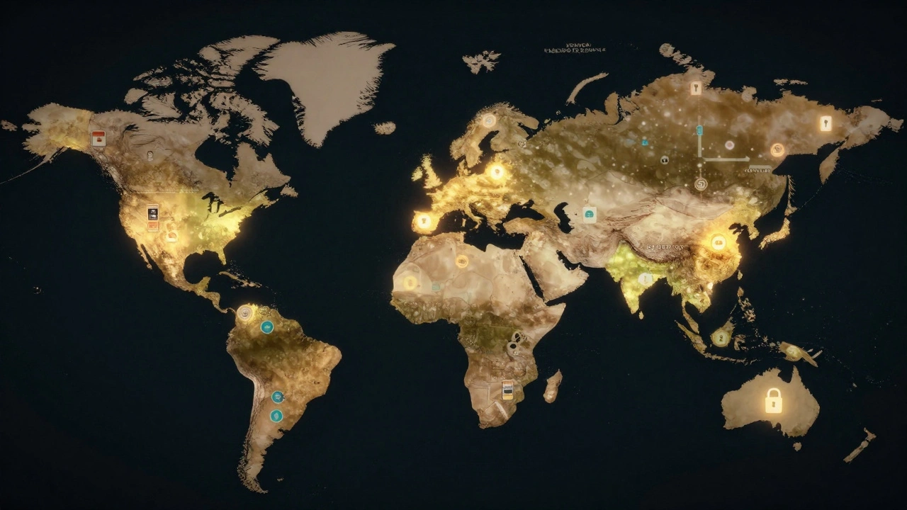 Global map highlighting countries where sex work is decriminalized with digital safety icons