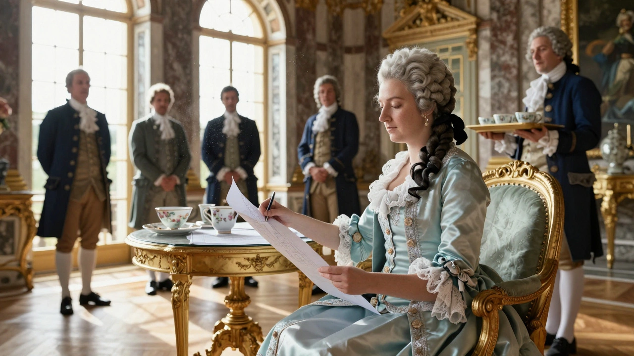 Madame de Pompadour advising King Louis XV on art and policy in Versailles.