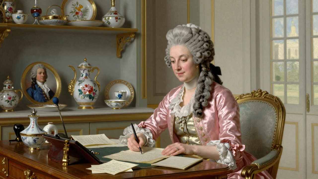 Madame de Pompadour at her desk, signing documents surrounded by Sèvres porcelain and letters to Enlightenment thinkers.