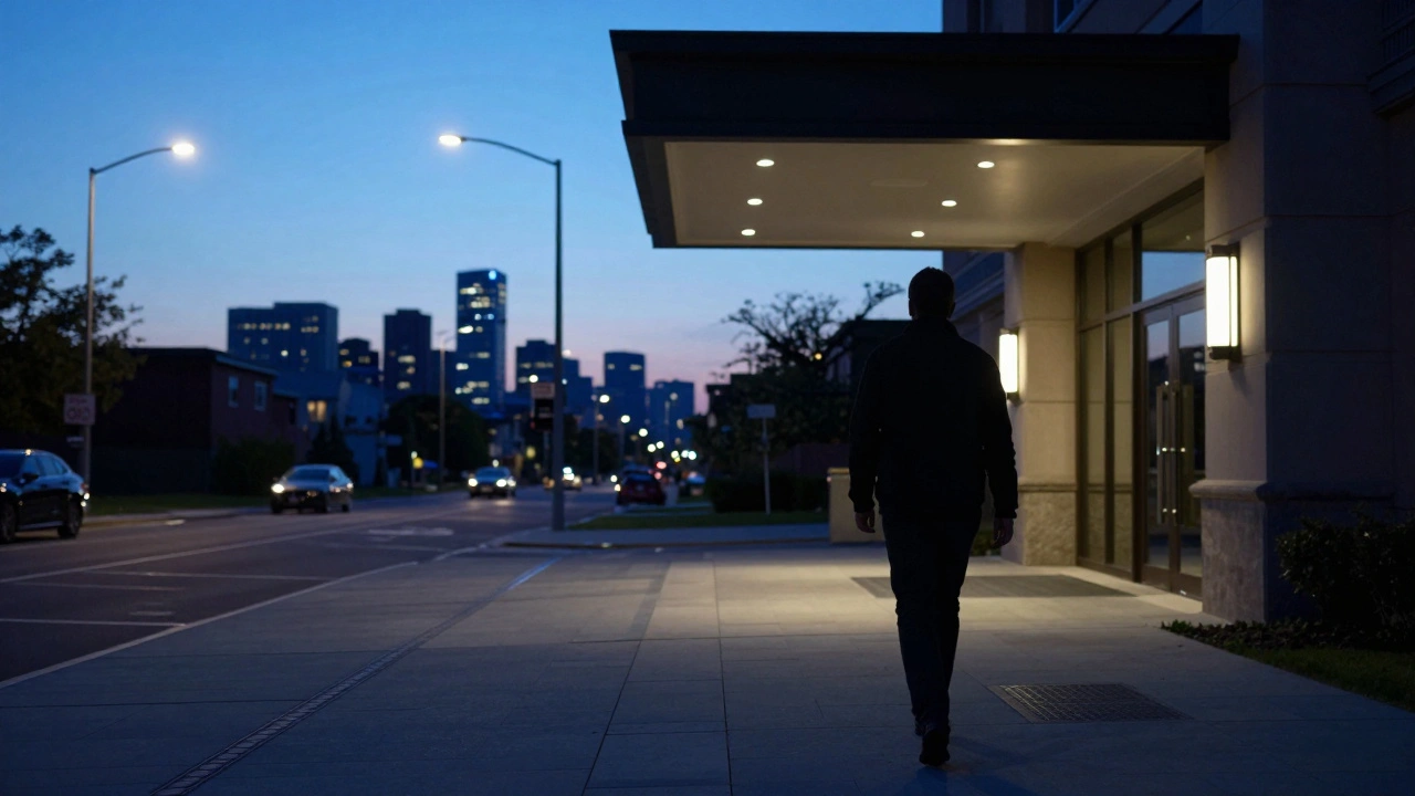Silhouette walking away from hotel at dusk with city skyline