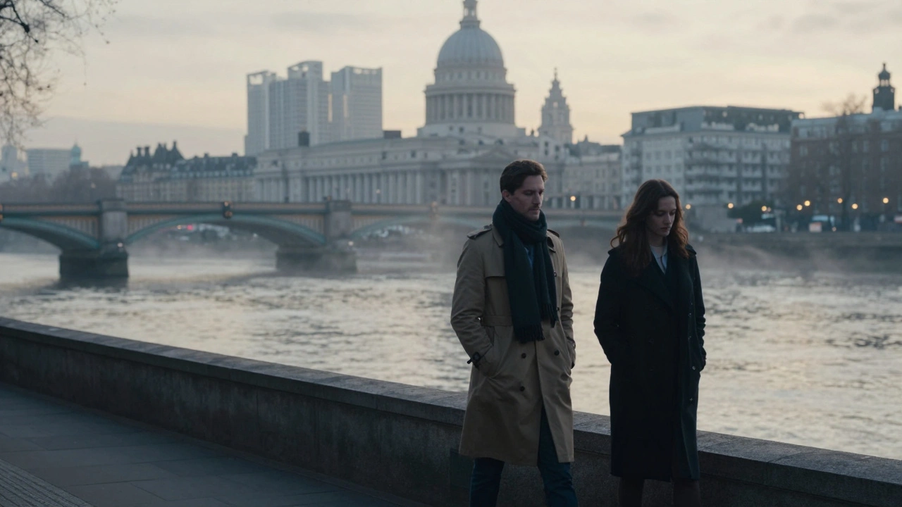 Silhouettes of two people walking peacefully along the Thames at dawn, surrounded by London's historic bridges.