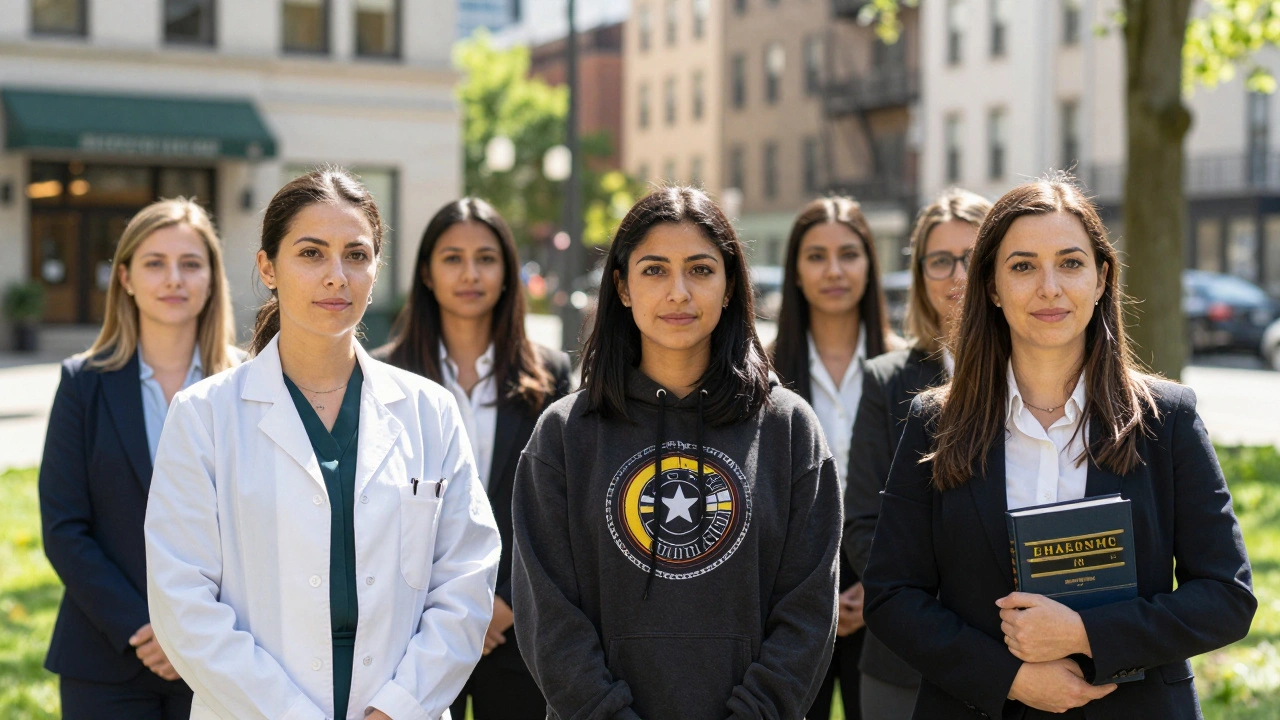 Three professional women stand together in a park, representing diverse careers alongside their work as independent escorts.