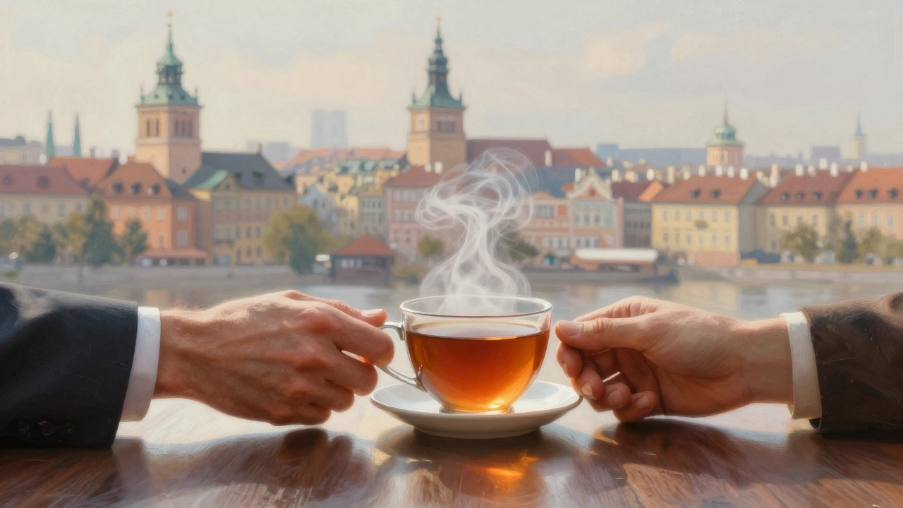 Two hands reaching across a table with tea between them, surrounded by faint European city silhouettes.