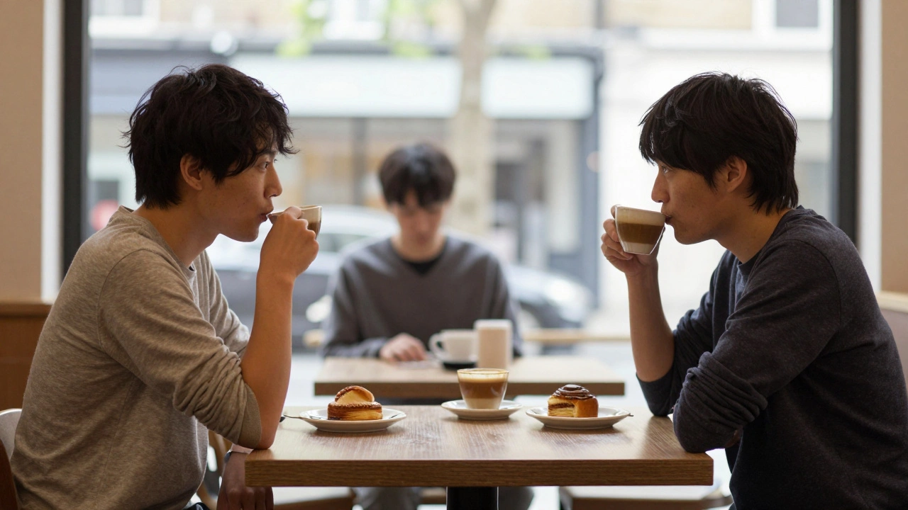 Two individuals meeting in London cafe for initial encounter