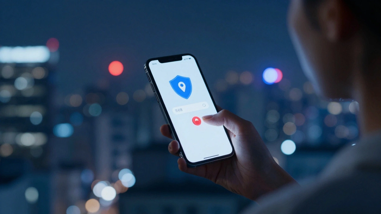 Woman pressing smartphone panic button with location sharing