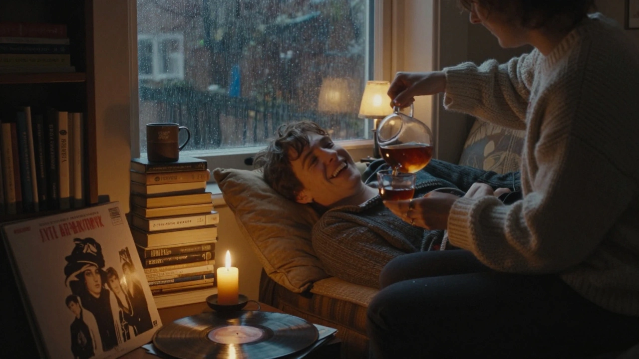 A cozy evening in a Bethnal Green room with tea, candles, and poetry books, rain falling outside.