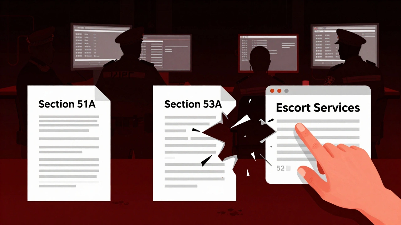 A digital firewall of legal statutes shattering as a hand clicks a sex work website link, with police monitoring behind.