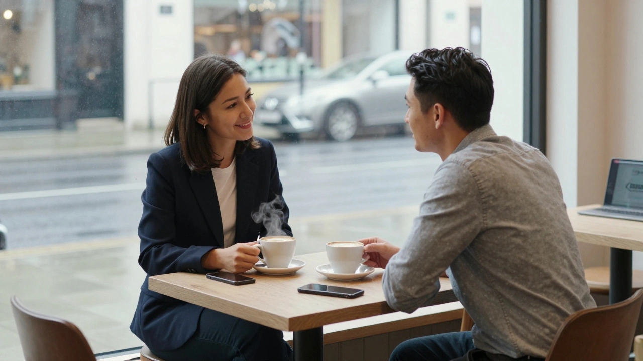 A first meeting at a London coffee shop, client and escort talking calmly, phones away, in a safe, respectful atmosphere.