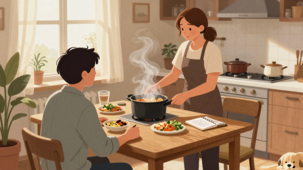 A GFE provider cooks a simple meal while a client listens attentively at a small kitchen table, surrounded by warm, everyday details.