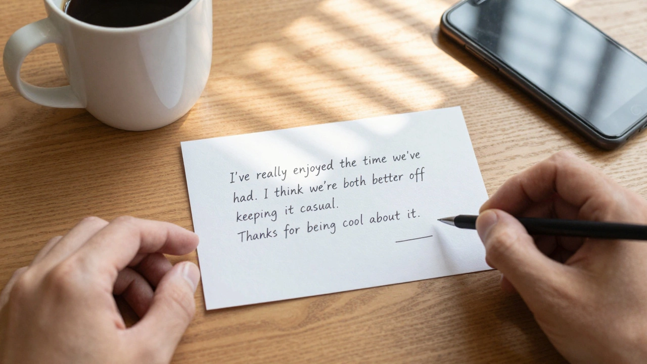 A handwritten note saying goodbye to a casual arrangement, placed on a table with sunlight streaming in.