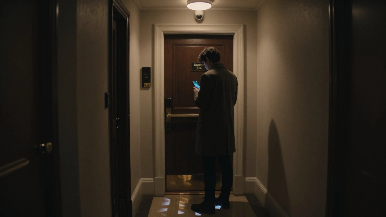 A hotel hallway in London with a security camera and a person holding a phone displaying a payment request for an escort meeting.