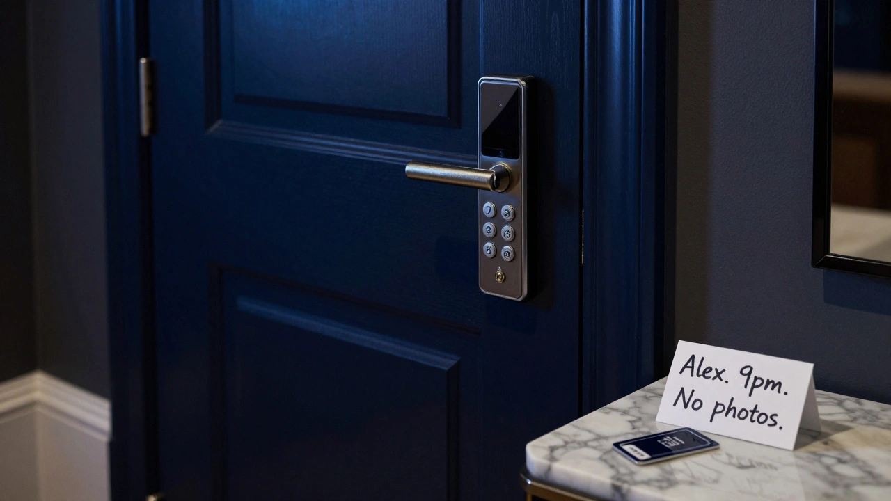 A luxury hotel room door with a keypad and a keycard on the table, hinting at a private, discreet encounter without showing faces.