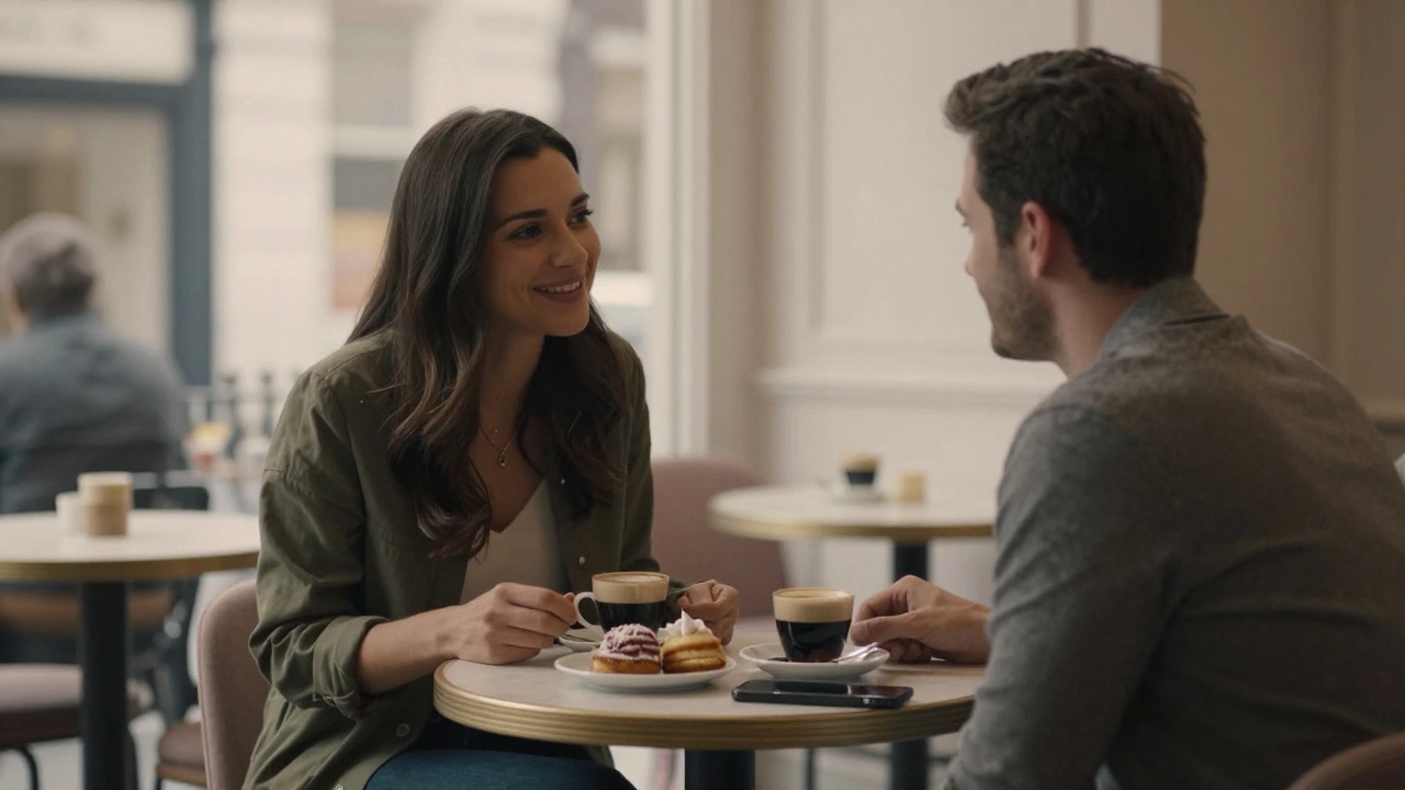 A man and woman talking quietly at a coffee shop in Mayfair, enjoying a private moment.