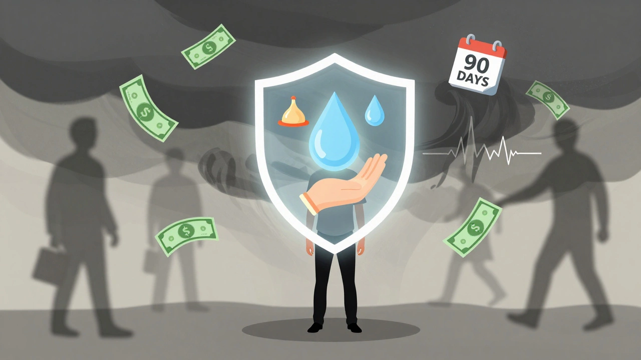 A person protected by health symbols—condom, water, calendar, and support hand—amidst life's challenges.