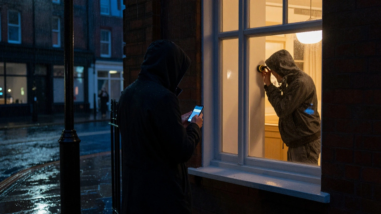 A person waiting under a streetlamp at night, ready for a meeting, with a lit window indicating cautious verification.