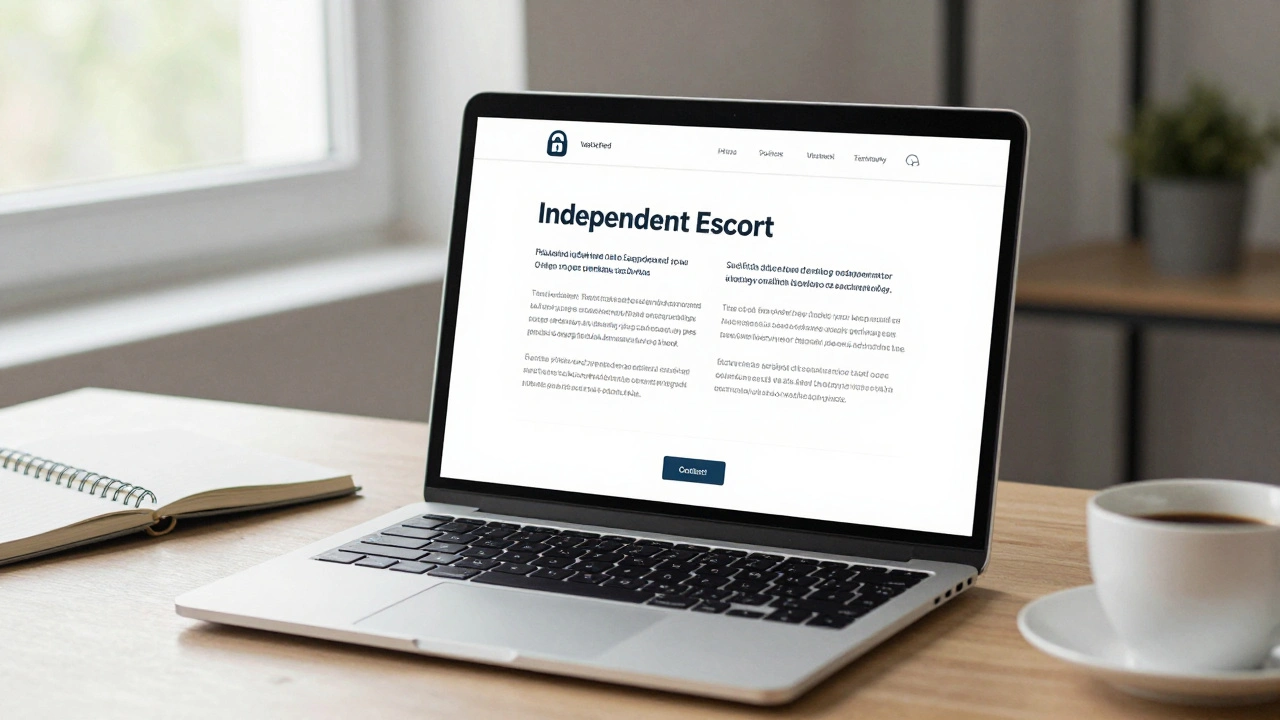 A professional escort's website on a laptop showing verified reviews and secure contact options.