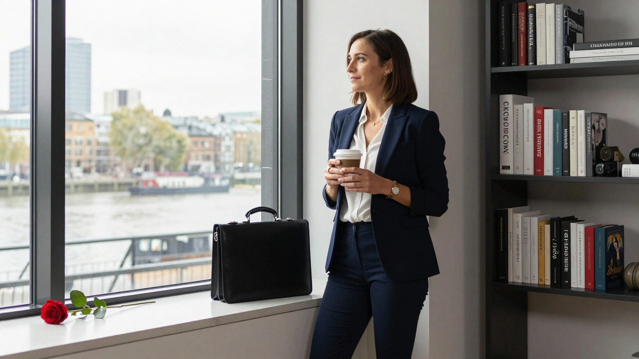 A professional woman in a London apartment, standing near books and a window with natural light.