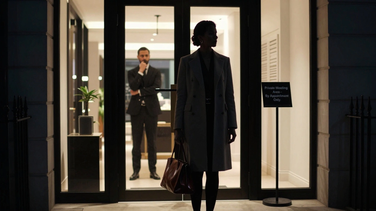 A professionally dressed woman at a hotel entrance in London, symbolizing safety and consent in escort arrangements.