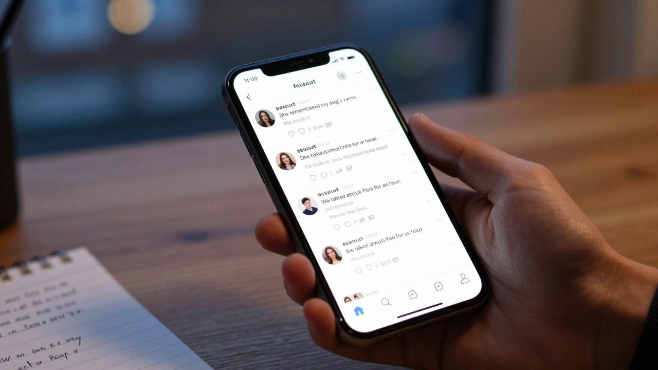 A smartphone showing three authentic escort reviews with personal details and typos, placed on a wooden desk with a notebook.