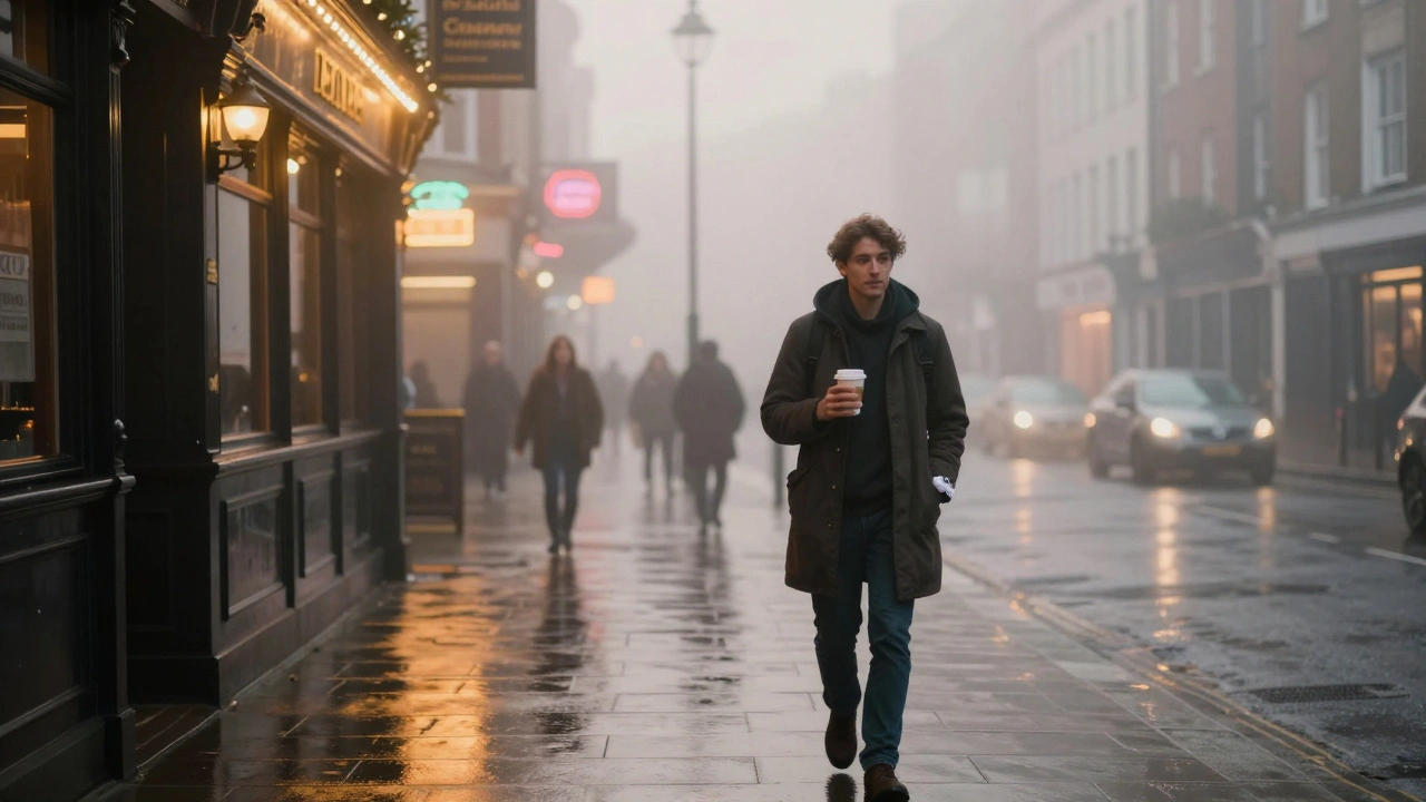 A solitary person walking through a foggy London street at sunrise, holding coffee.