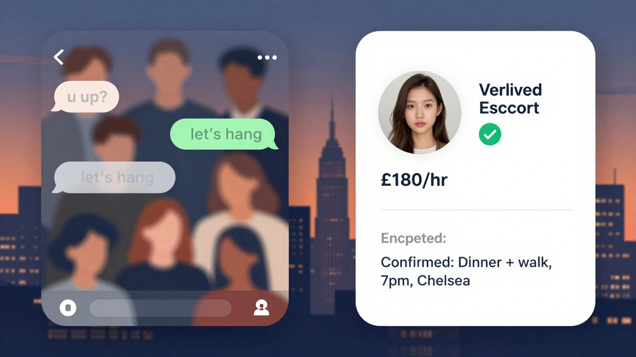 A split-screen comparison: chaotic dating app vs. clear escort site profile with verified ID and transparent pricing.