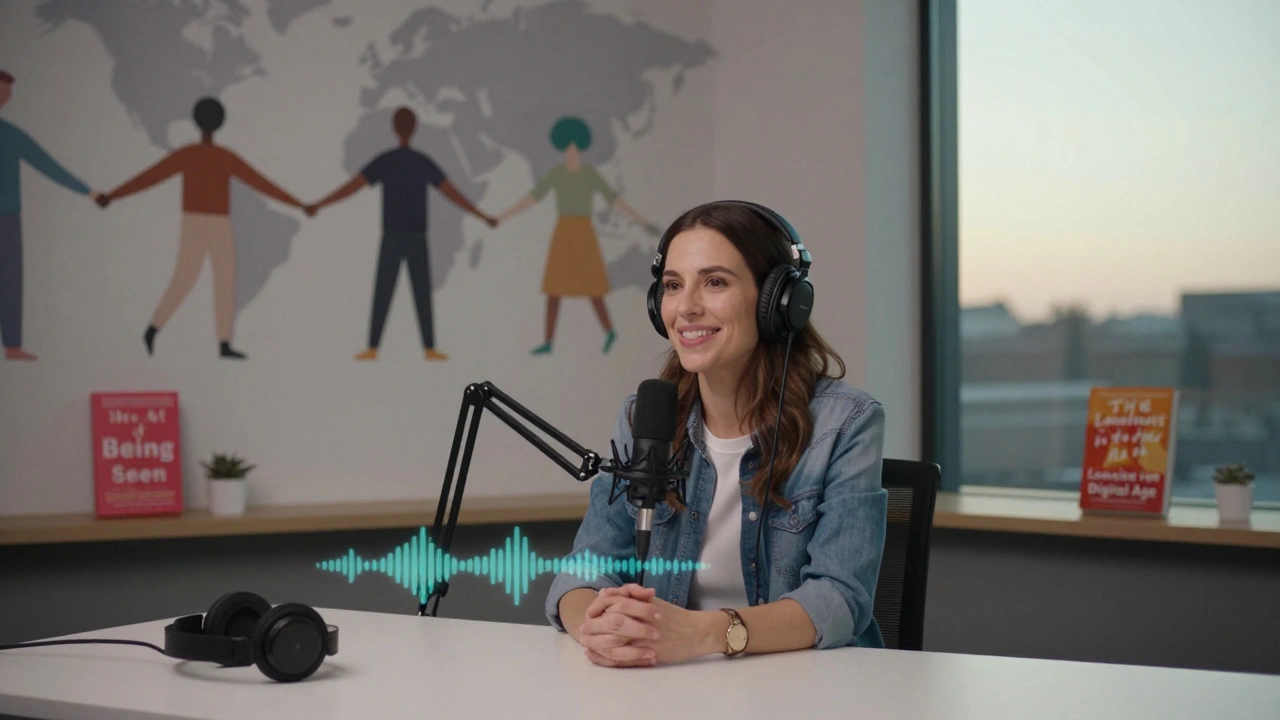 A woman hosts a podcast about human connection in a minimalist studio with a mural of connected figures.