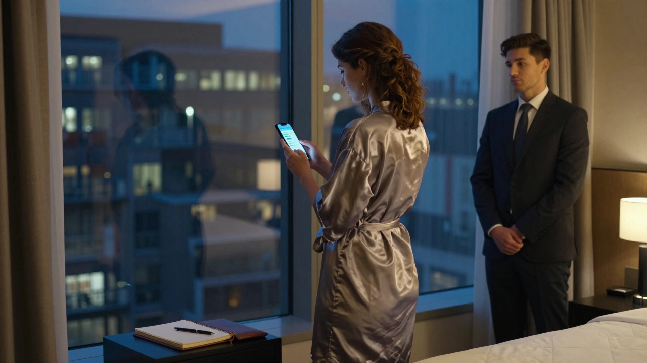 A woman in a silk robe standing by a hotel window in Mayfair, holding a secure messaging device.