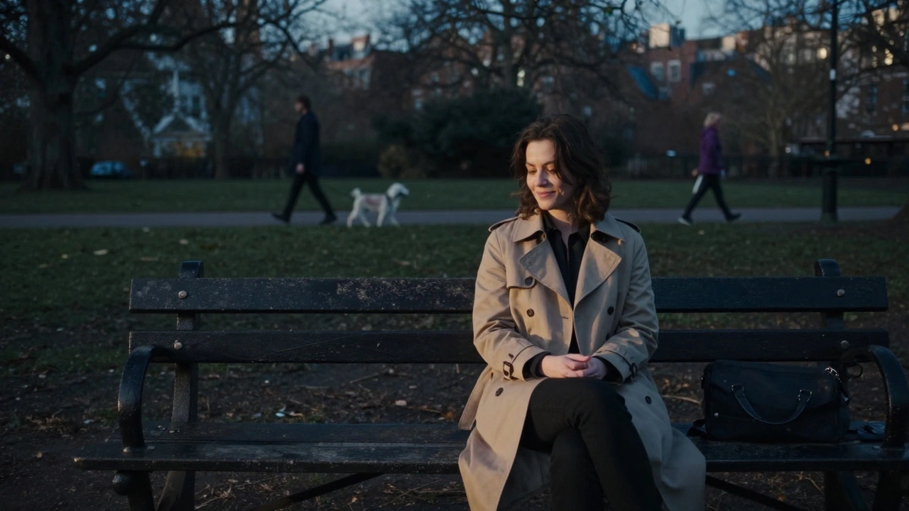 A woman sits alone on a park bench at dusk, smiling softly as memories of human connection linger.