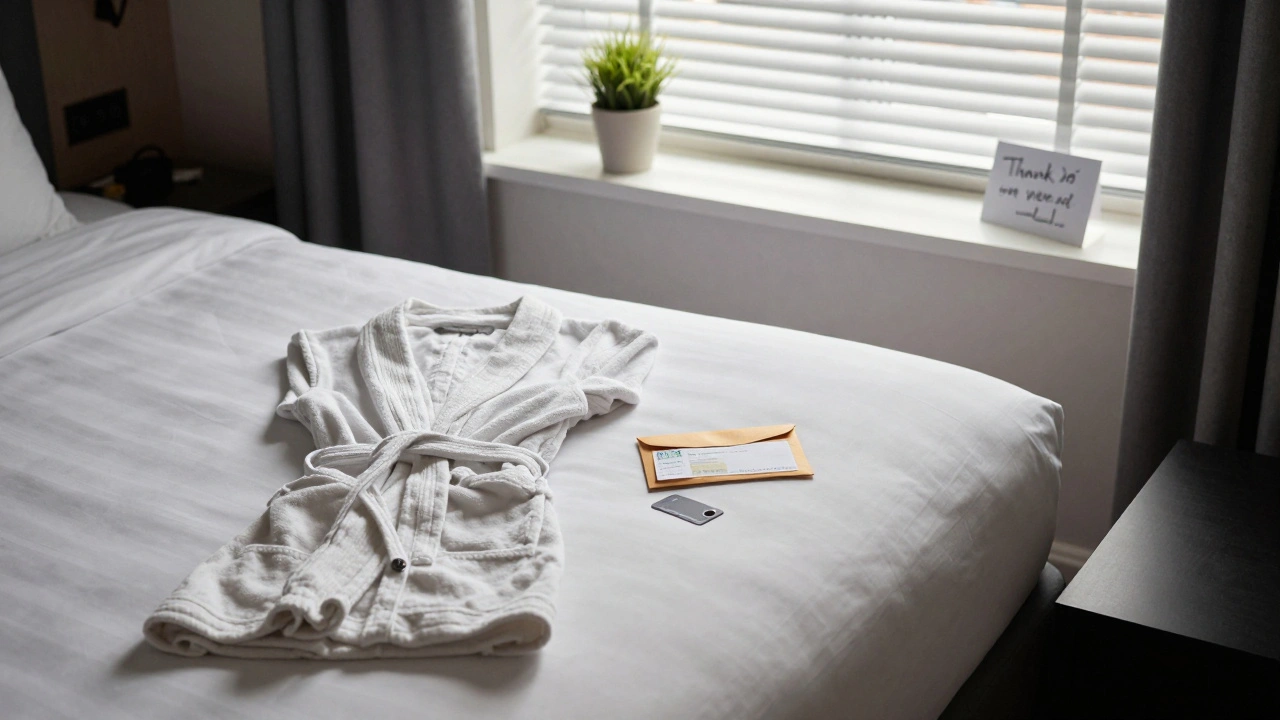 An empty hotel room in London with a receipt, keycard, and note — conveying dignity and quiet professionalism after a session.