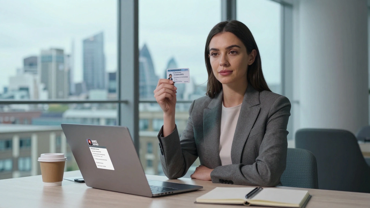 An independent escort showing her ID in a clean, well-lit London apartment.