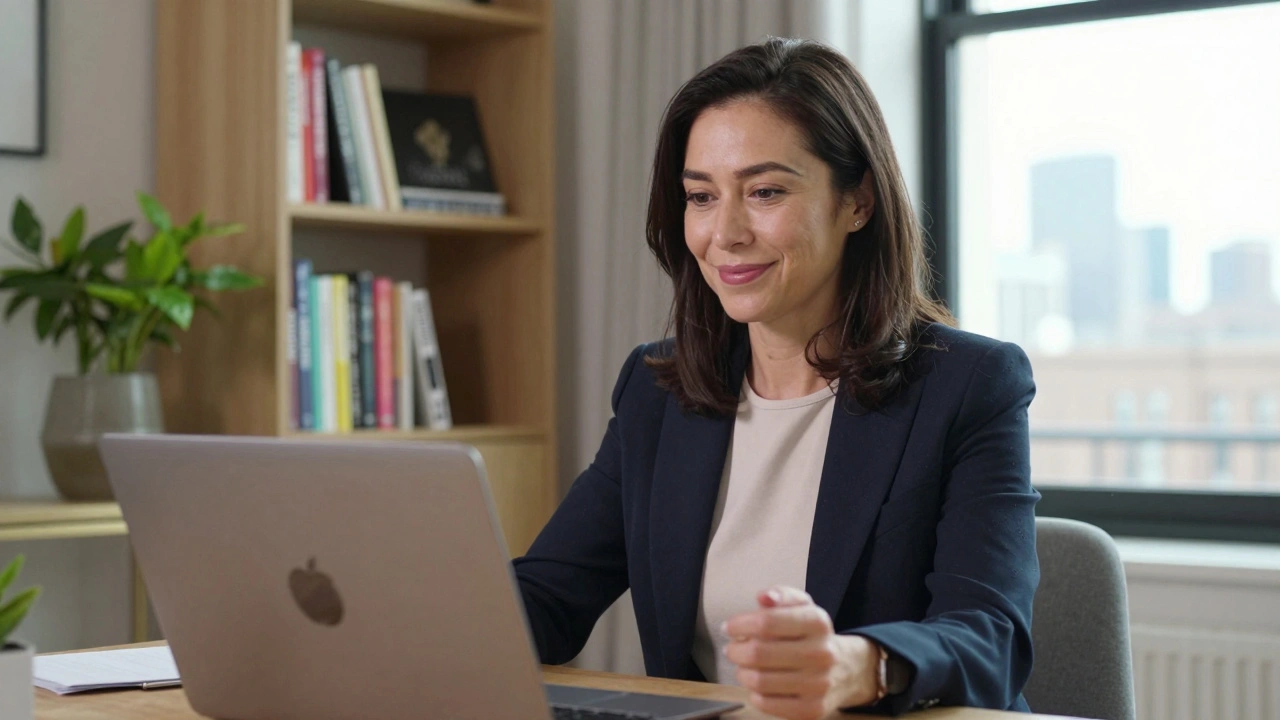 An independent escort video calling a client from her private London apartment, conveying trust and professionalism.