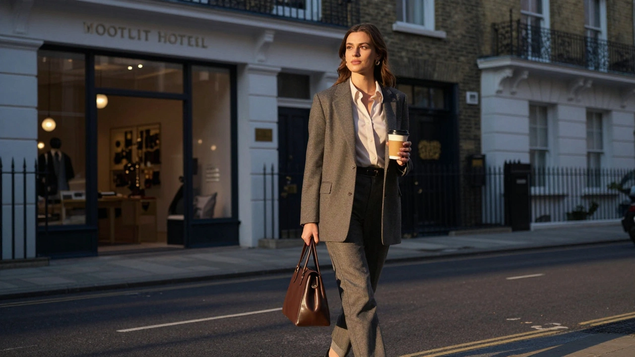 An independent escort walking confidently through a quiet London street at twilight.