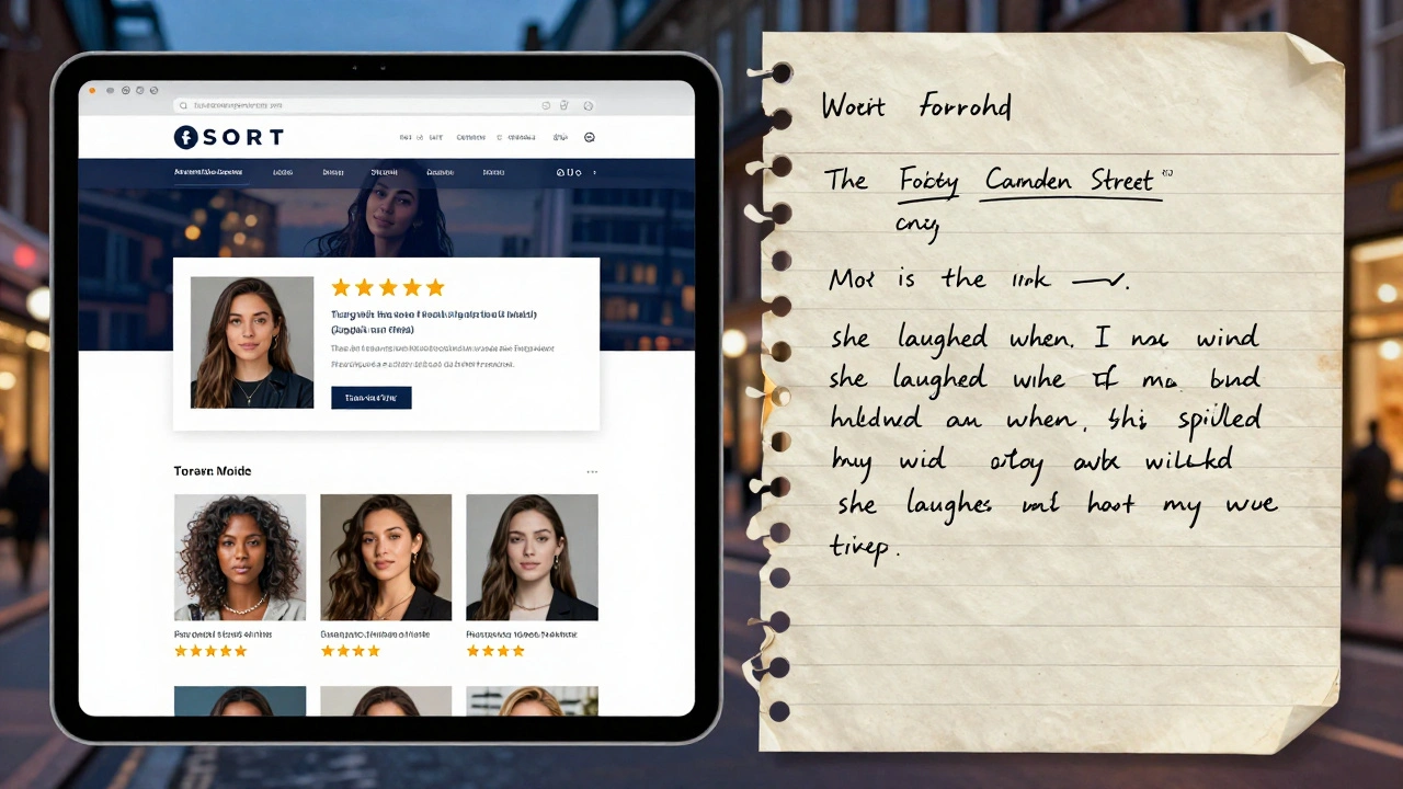 Contrast between a fake escort website and a handwritten real review with specific details like time and location.