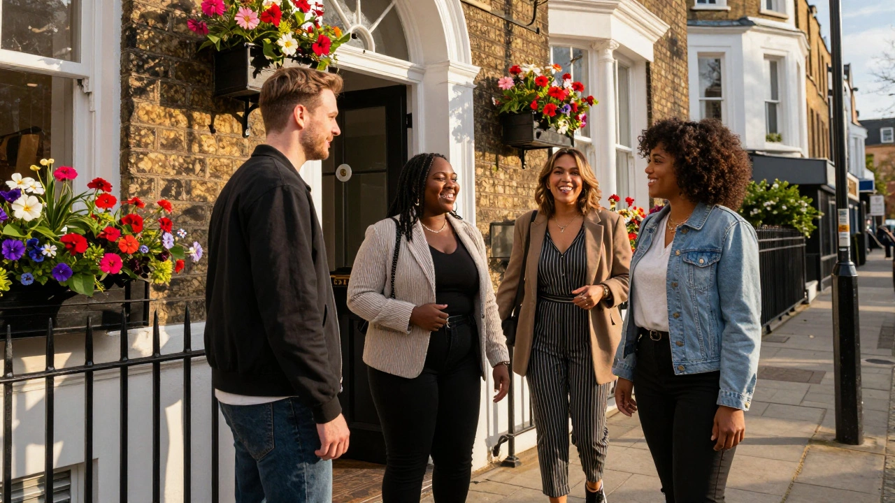 Diverse clients smile as they leave a boutique with a BBW escort in Notting Hill, golden hour lighting.