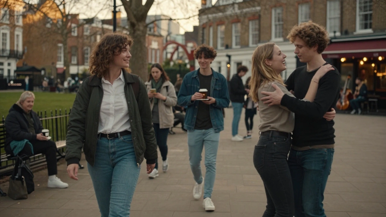 Diverse individuals sharing quiet, respectful moments of connection in UK cities during golden hour.